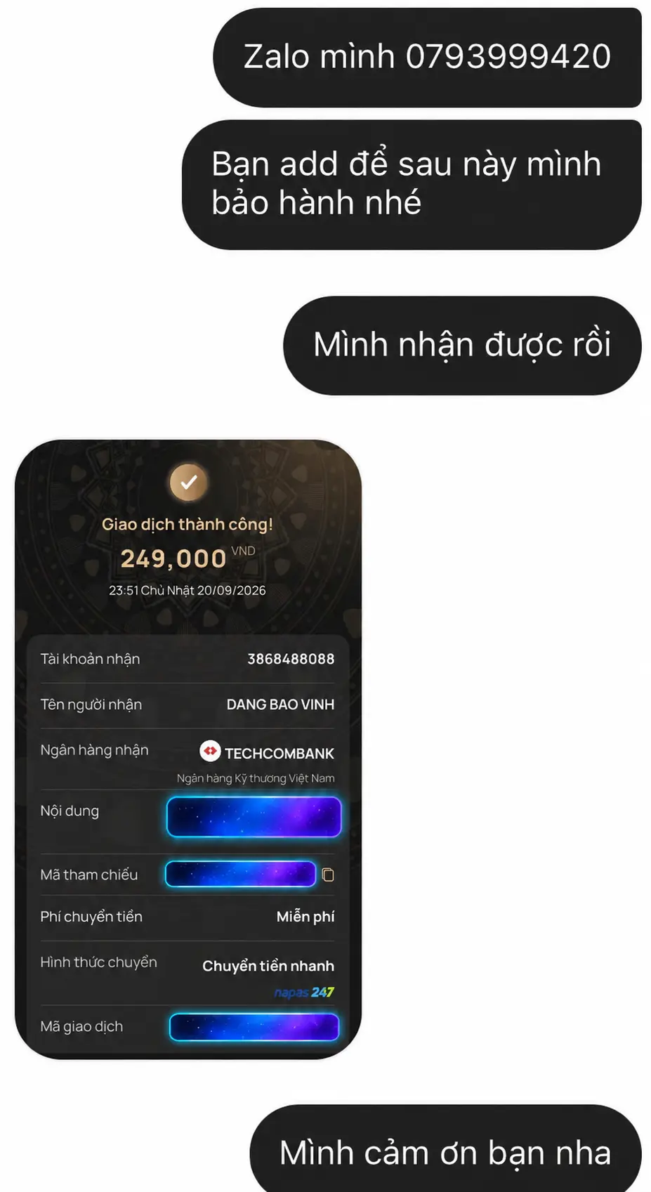 Ảnh xác nhận giao dịch thành công, thông tin khách hàng đã được che